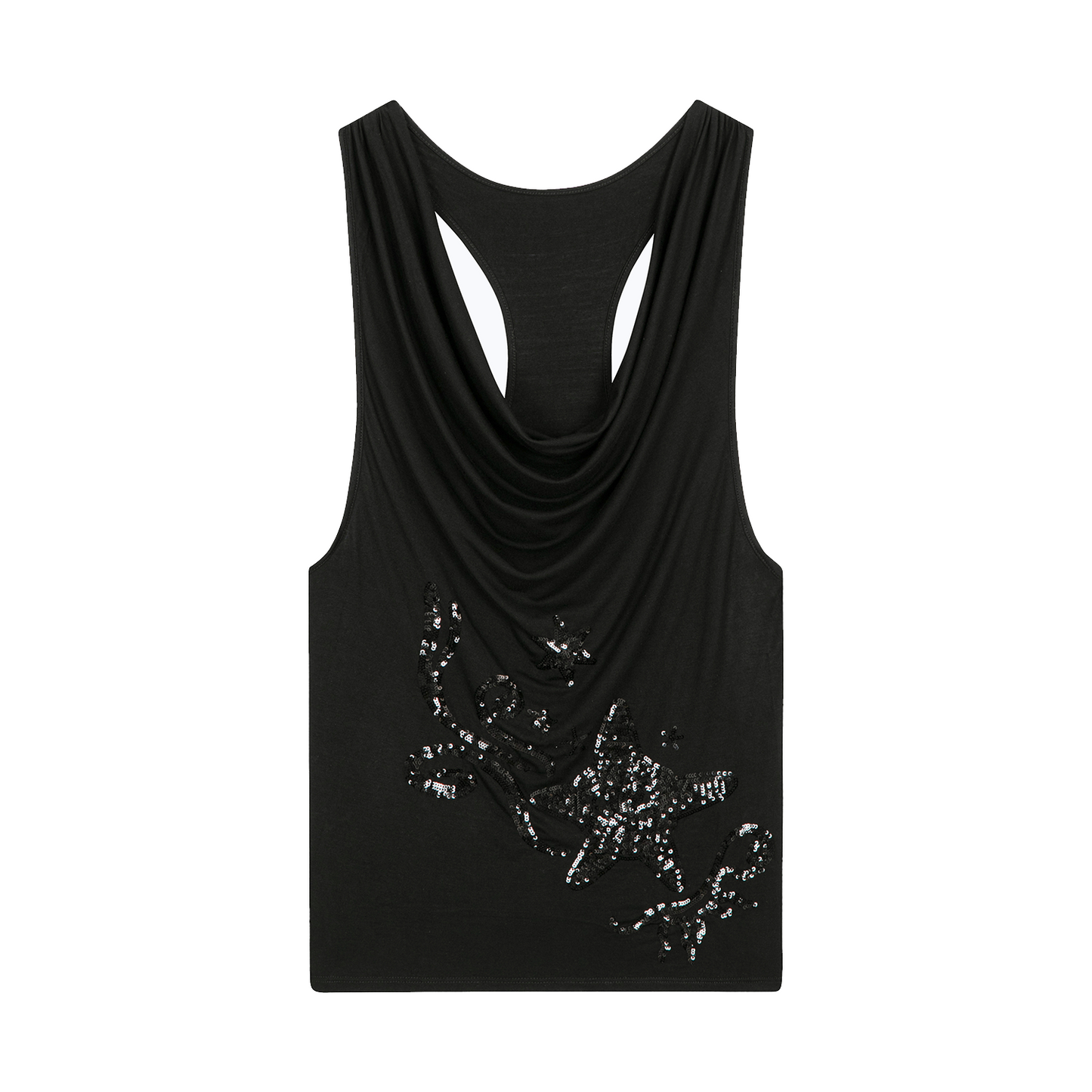 DRAPED SEQUIN‑STAR TANK BLACK