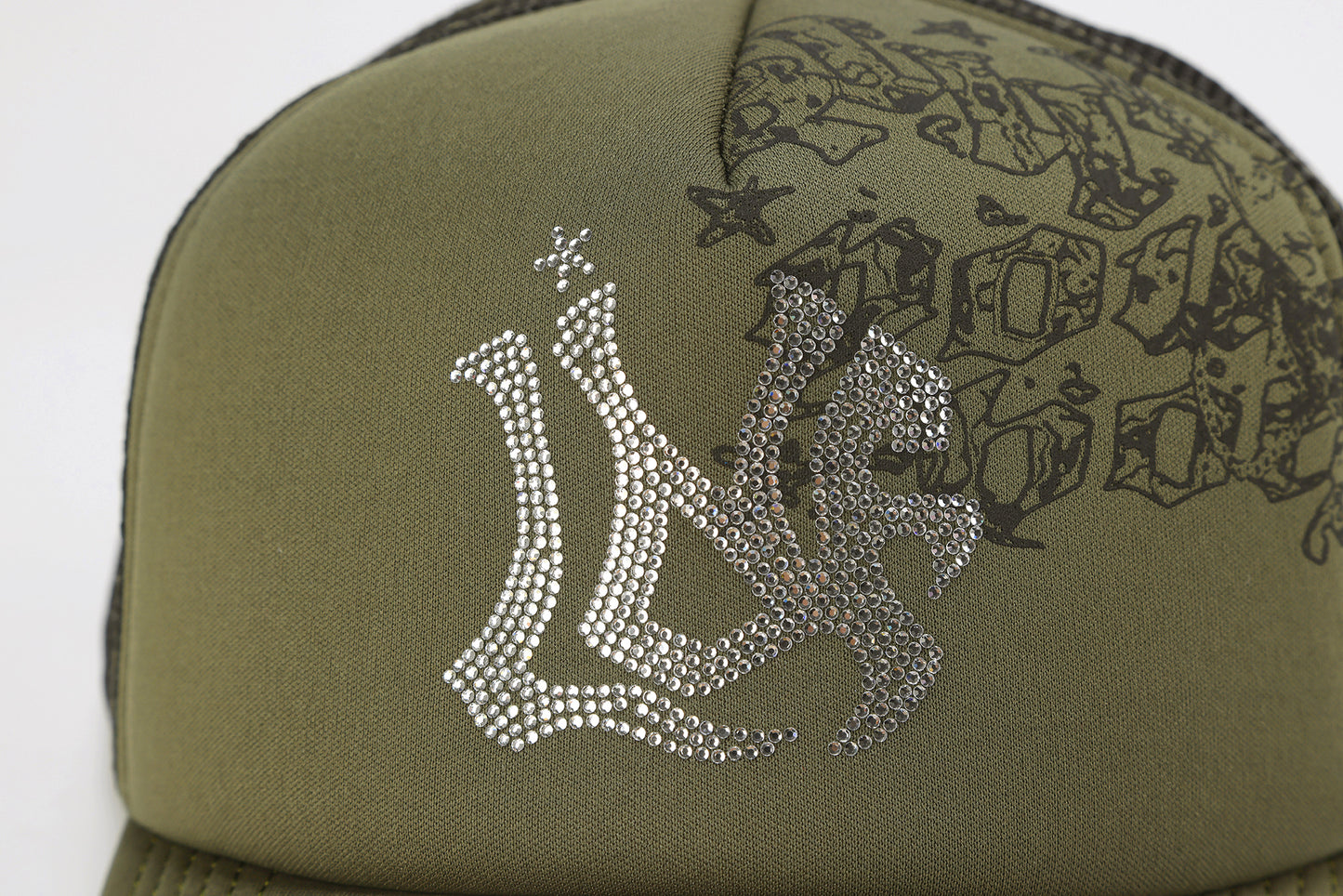 RHINESTONE EMBROIDERED TRUCKER CAP