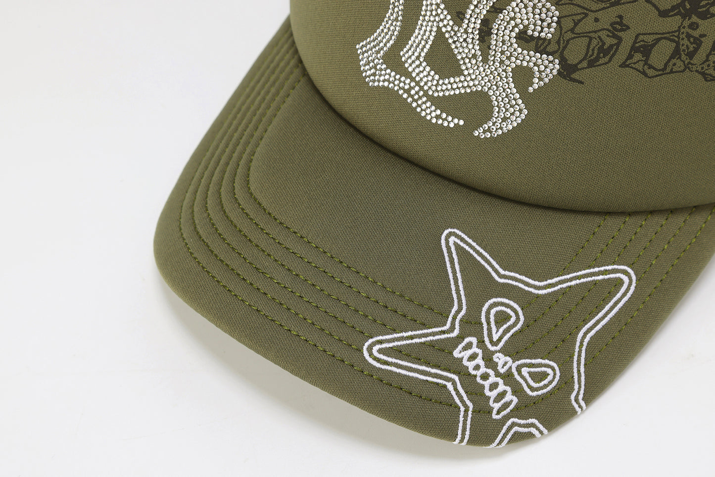 RHINESTONE EMBROIDERED TRUCKER CAP