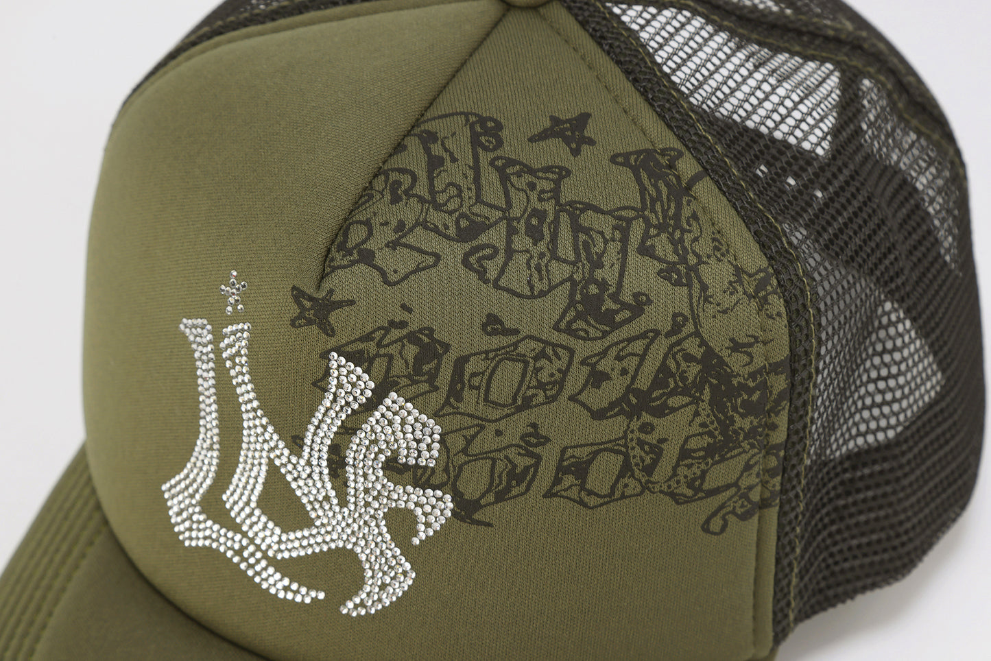 RHINESTONE EMBROIDERED TRUCKER CAP