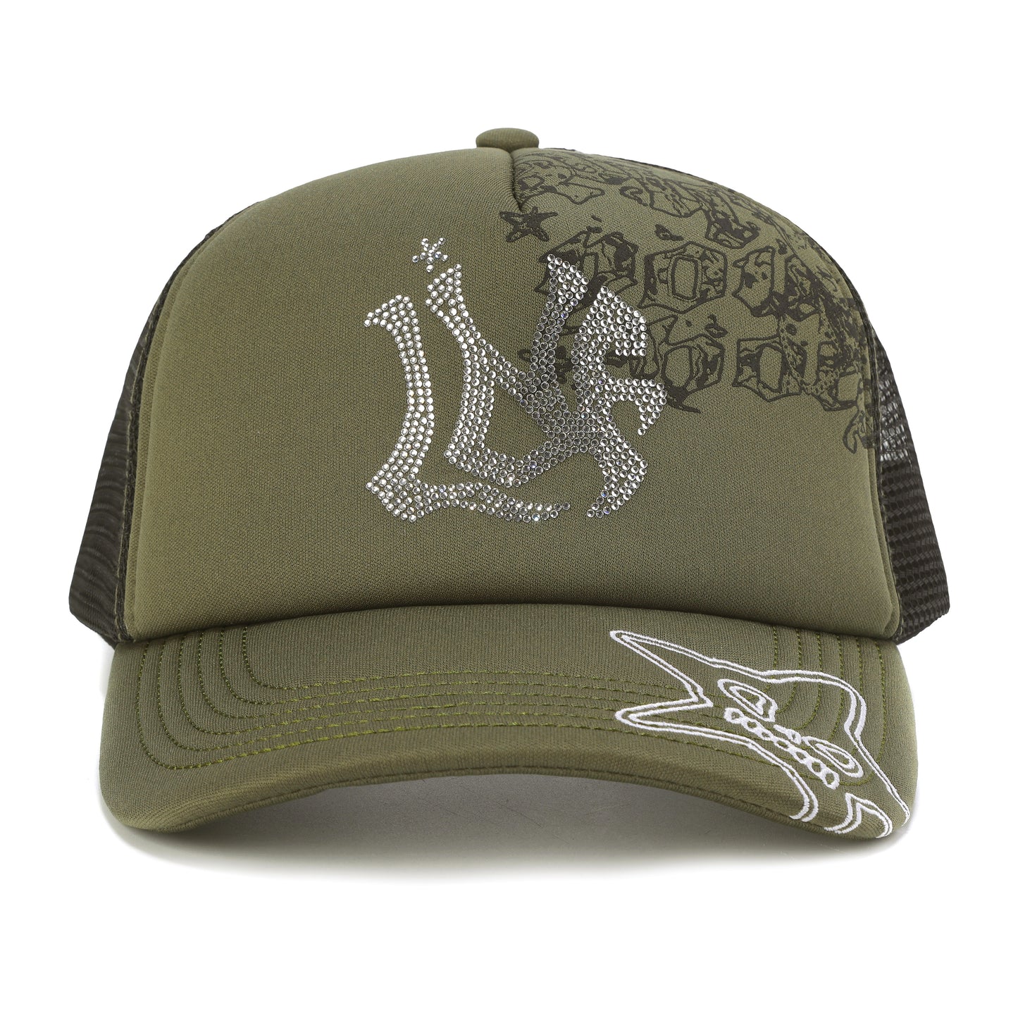 RHINESTONE EMBROIDERED TRUCKER CAP