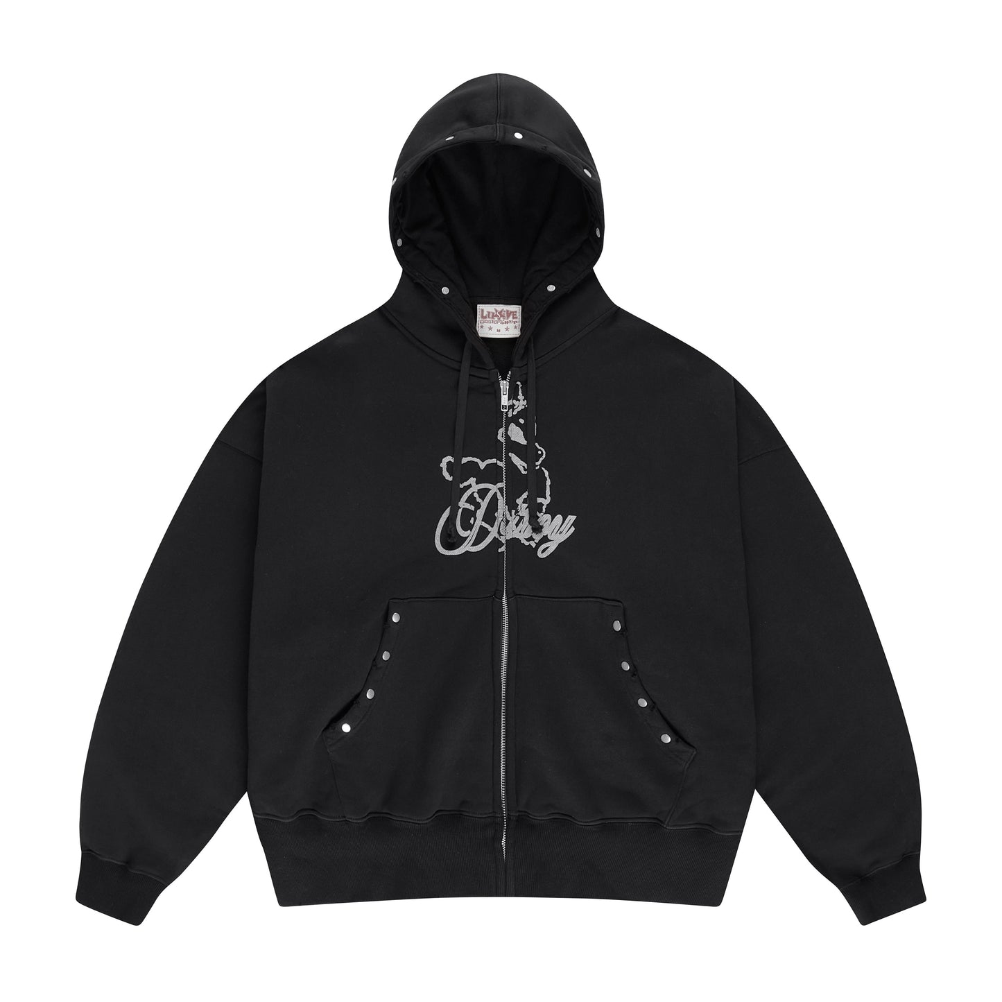 STUDDED ''DESTROY'' PRINT ZIP UP HOODIE BLACK