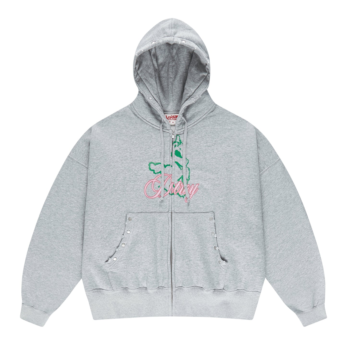 STUDDED ''DESTROY'' PRINT ZIP UP HOODIE GREY