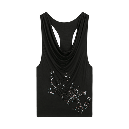 DRAPED SEQUIN‑STAR TANK BLACK
