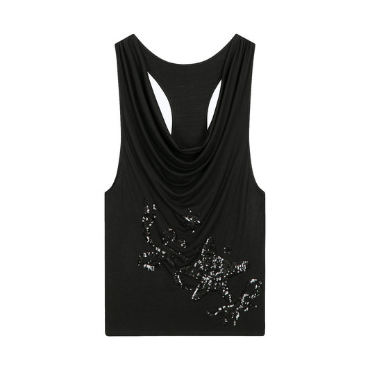 DRAPED SEQUIN‑STAR TANK BLACK