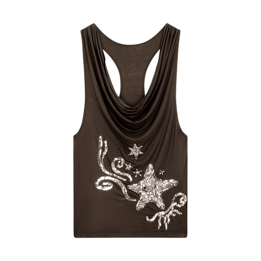 DRAPED SEQUIN‑STAR TANK BROWN