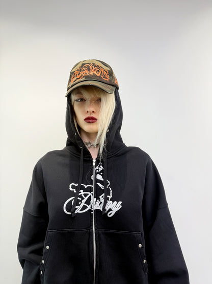 STUDDED ''DESTROY'' PRINT ZIP UP HOODIE BLACK