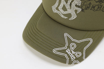 RHINESTONE EMBROIDERED TRUCKER CAP
