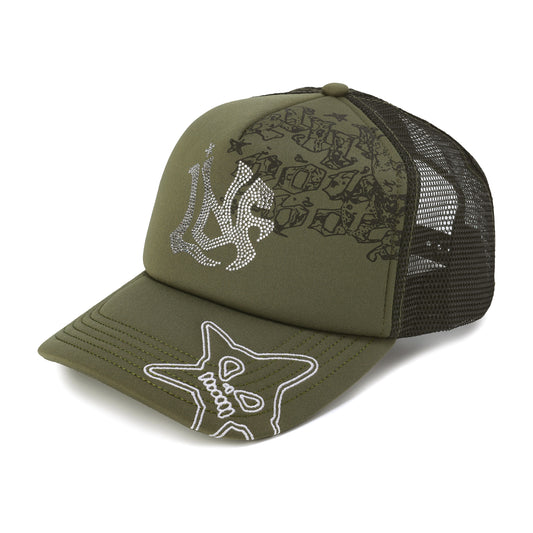 RHINESTONE EMBROIDERED TRUCKER CAP